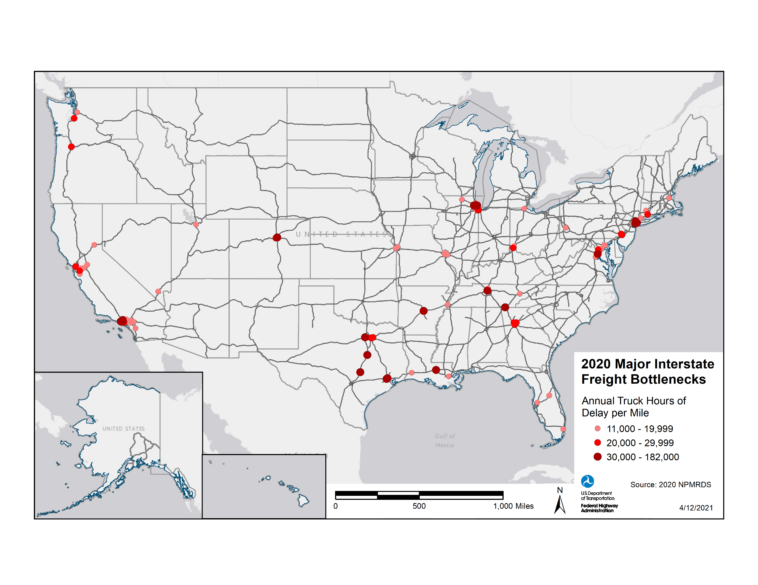 Map-1. Major Freight Highway Bottlenecks Based Upon Truck Hours of Delay per Mile,  2020 NPMRDS