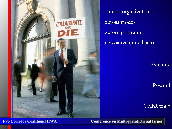 The picture with the sign: Collaborate or die.