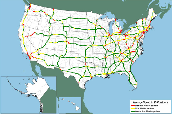 Figure 3-12. U.S. map showing slow speeds in California, I-80 in western Nevada, I-95 from Washington to Boston, and in major cities.