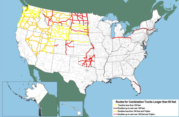 Figure 3-3. U.S. map showing that longer combination vehicles are allowed from Chicago to the Pennsylvania-Ohio border on I-80, the New York State Thruway and the Massachusetts Turnpike, the Florida Turnpike, the Kansas Turnpike, Interstate highways in eastern Colorado, and many routes in Oklahoma, Utah, Nevada, the Dakotas, Montana, Wyoming, Idaho, Oregon, and Washington.