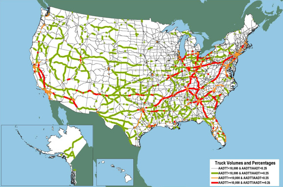 Figure 3-6. U.S. map showing major concentrations of trucking in central California; along the I-40, I-81, and I-84 corridors between Los Angels and New York; and the I-95 corridor in the Northeast.