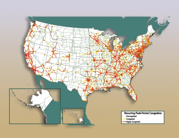 Figure 3-10. U.S. map showing recurring peak-period congestion forecast for year 2035.