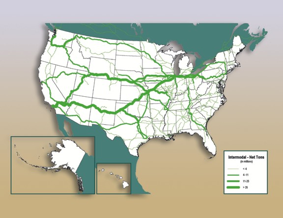 Figure 3-15. U.S. map showing amounts of intermodal tonnage transported in millions of net tons for year 2006.