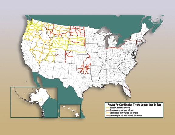 Figure 3-4. U.S. map showing routes for combination trucks longer than 60 feet.