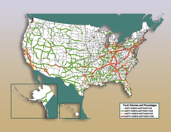 Figure 3-7. U.S. map showing truck volumes and percentages for year 2002.