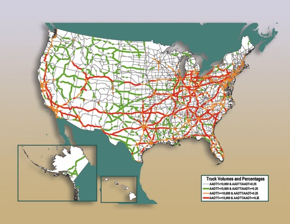 Figure 3-8. U.S. map showing truck volumes and percentages forecast for year 2035.