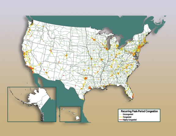 Figure 3-9. U.S. map showing recurring peak-period congestion for year 2002.