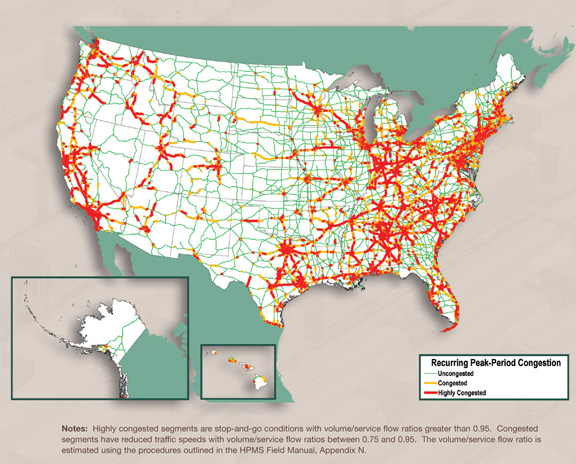 Figure 3-10. U.S. map showing recurring peak-period congestion forecast for year 2040. Notes: Highly congested segments are stop-and-go conditions with volume/service flow ratios greater than 0.95. Congested segments have reduced traffic speeds with volume/service flow ratios between 0.75 and 0.95. The volume/service flow ratio is estimated using the procedures outlined in the HPMS Field Manual, Appendix N.