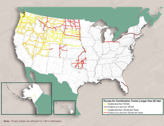 Figure 3-4. U.S. map showing routes for combination trucks longer than 60 feet. Note: Empty triples are allowed on I-80 in Nebraska.