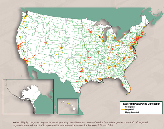 Figure 3-9. U.S. map showing recurring peak-period congestion for year 2007. Notes: Highly congested segments are stop-and-go conditions with volume/service flow ratios greater than 0.95. Congested segments have reduced traffic speeds with volume/service flow ratios between 0.75 and 0.95.