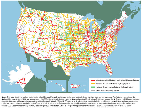 Figure 3-7. U.S. map showing the National Network. Notes: This map should not be interpreted as the official National Network and should not be used for truck size and weight enforcement purposes. The National Network and the National Highway System (NHS) are approximately 200,000 miles in length, but the National Network includes 65,000 miles of highways beyond the NHS, and the NHS encompasses about 50,000 miles of highways that are not part of the National Network. "Other NHS" refers to NHS mileage that is not included on the National Network. Conventional combination trucks are tractors with one semitrailer up to 48 feet in length or with one 28-foot semitrailer and one 28-foot trailer. Conventional combination trucks can be up to 102 inches wide.