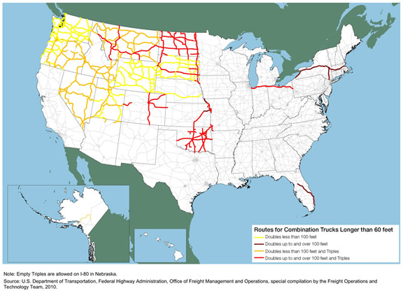 Figure 3-8. U.S. map showing routes for combination trucks longer than 60 feet. Note: Empty triples are allowed on I-80 in Nebraska.