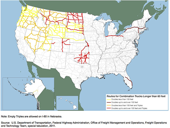 Figure 3-10. U.S. map showing permitted longer combination vehicles for 2011.