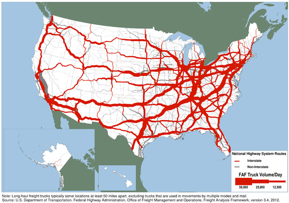 Figure 3-12. U.S. map showing National Highway System Routes with truck volume per day forecast for year 2040.