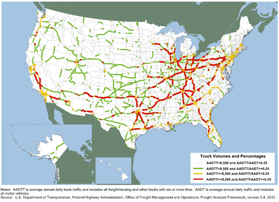 Figure 3-13. U.S. map showing major truck routes for year 2007.