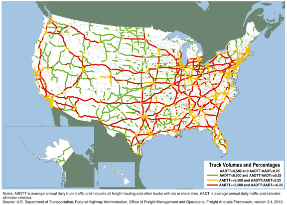 Figure 3-14. U.S. map showing truck routes forecast for year 2040.