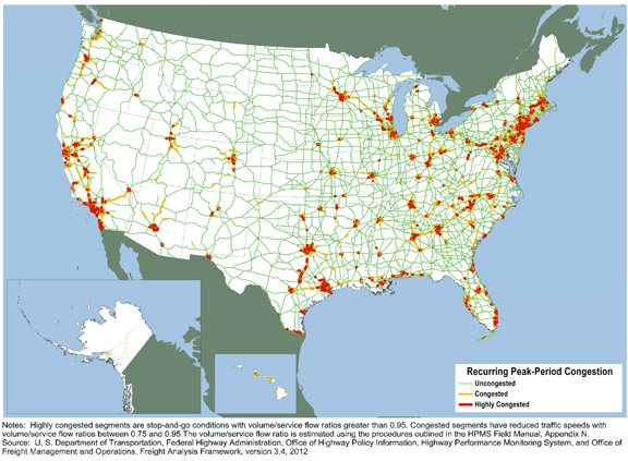 Figure 3-15. U.S. map showing recurring peak-period congestion for year 2007.