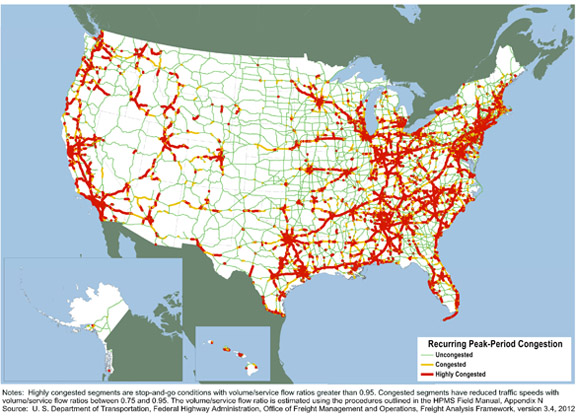 Figure 3-16. U.S. map showing recurring peak-period congestion forecast for year 2040. 