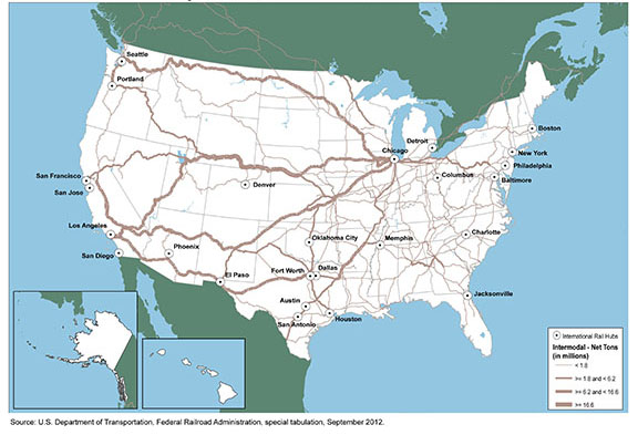 Figure 3-3. U.S. map showing amounts of trailer-on-flatcar and container-on-flatcar rail intermodal moves in 2010.