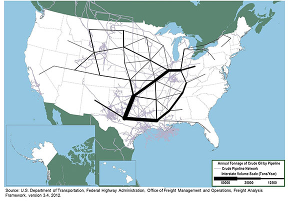 Figure 3-6. Map. of the tonnage of crude oil moved by pipeline in 2007