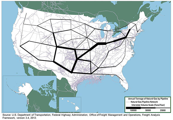 Figure 3-7. U.S. map showing the natural gas tonnage moved by pipeline as of 2007.