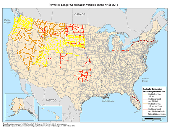 Figure 3-11. U.S. map showing that longer combination vehicles are allowed from Chicago to the Pennsylvania-Ohio border on I-80, the New York State Thruway and the Massachusetts Turnpike, the Florida Turnpike, the Kansas Turnpike, Interstate highways in eastern Colorado, and many routes in Oklahoma, Utah, Nevada, the Dakotas, Montana, Wyoming, Idaho, Oregon, and Washington.