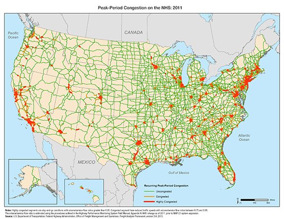 Figure 3-16. U.S. map showing heavy congestion in major cities and moderate congestion on highways along the east and west coasts.