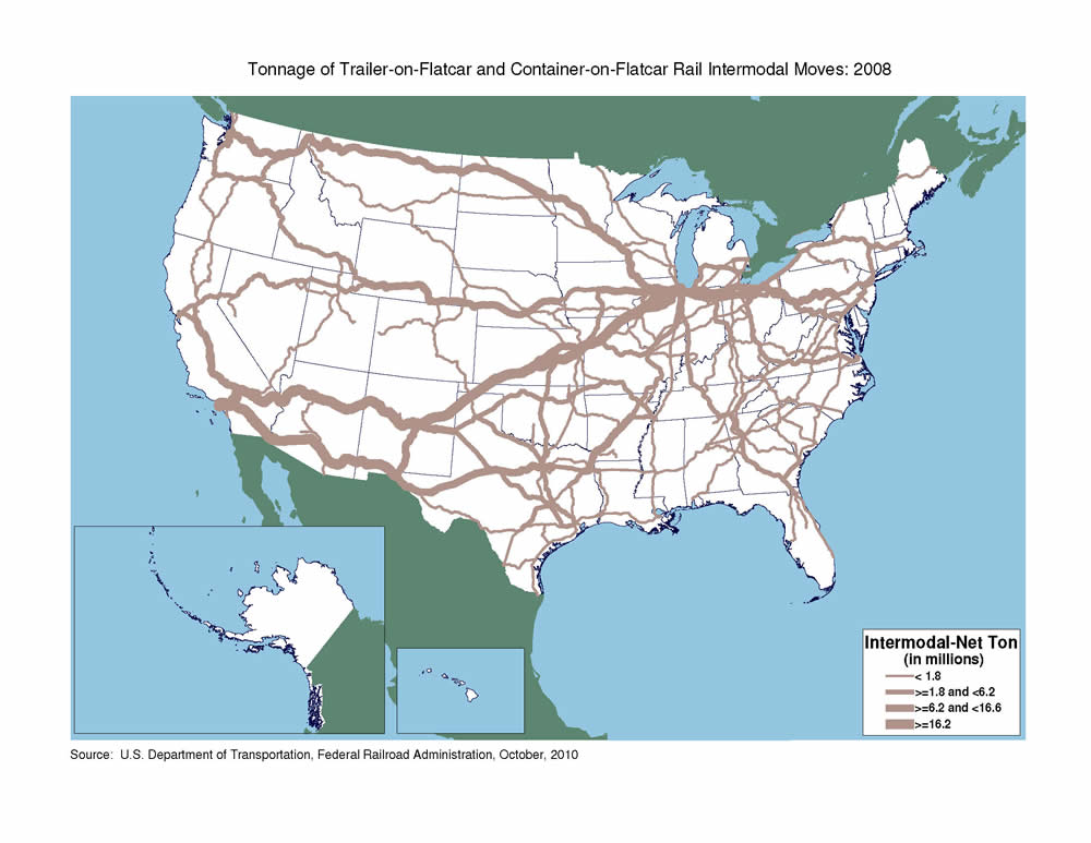 U.S. map showing major flows of tons by trailer-on-flatcar and container-on-flatcar rail intermodal service between southern California and Chicago via a route through Albuquerque and another route through Dallas; with smaller flows between Seattle, Portland, and Chicago;  between the San Francisco Bay area and Chicago; between Chicago and New York City via a route through Albany and another route through central Pennsylvania; and between Chicago and Florida on routes through Indiana, Ohio, Kentucky, Tennessee, and Georgia.