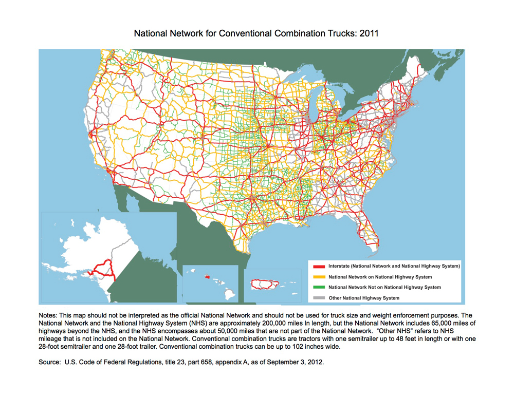 Based on Title 23 CFR Part 658 Appendix A, this map illustrates the National Network for Conventional Combination Trucks and highlights differences between the National Network (NN) and the National Highway System (NHS). This map shall not be interpreted as the official National Network nor shall it be used for truck size and weight enforcement purposes.