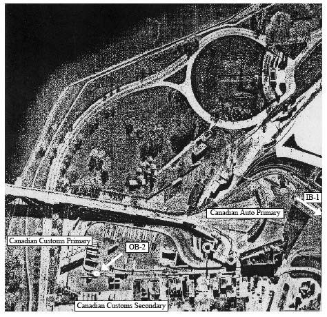 Aerial photo of the Canadian plaza at the Peace Bridge crossing, showing the locations of Customs primary and secondary site, auto primary site, and inspection stations IB-1 and OB-2.