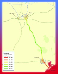 The graphic shows Interstate 5 between Dallas and Galveston with color coding to indicate ranges of average truck speed. The lowest average speed in the range from 0 to 40 miles per hour is shown for the stretch from Galveston into Houston. North of Houston the average speed ranges between 45 and 50 miles per hour for a short stretch and soon reaches the range above 60 miles per hour up to the outskirts of Dallas, where the average speeds drops to the range between 50 and 55 miles per hour.
