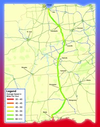 The graphic shows the states of Indiana, Kentucky, Tennessee, and Alabama, and color coding to indicate ranges of average truck speed on Interstate 65. The route is predominantly green indicating average speeds from 50 to 55 miles per hour around major population centers, and otherwise speeds ranging from 55 to 60 miles per hour and speeds above 60 miles per hour on the intervening stretches of highway. 
