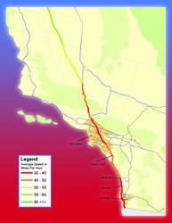 A map shows the major highways in the region and color coding to indicate average speed in miles per hour on Interstate 5. As the route approaches Los Angeles from the north, the average speed drops to the range from 50 to 55, then to the range 45 to 50 miles per hour, and through the Los Angeles city limits to below 45 miles per hour. South of Los Angeles the average speed increases to the range between 45 and 50 miles per hour, and drops below this from Oceanside through San Diego and on to the border with Mexico.