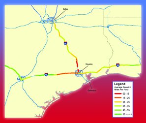  The average speed on I-45 was in the range of 0 to 15 miles per hour and the range of 15 to 25 miles per hour in and north of Houston. The average speed reached a range of 25 to 30 miles per hour, and intermittently 35 to 45 miles per hour on stretches between Houston and Dallas.