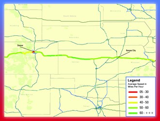 The average speed on I-70 was in the range of 50 to 60 miles per hour and higher for the entire stretch between Kansas City and Denver.