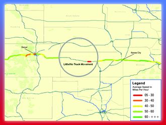 The average speed on I-70 was in the range of 50 to 60 miles per hour with intermittent stretches in the range between 40 and 50 miles per hour, and one segment in which there was little or no truck movement.