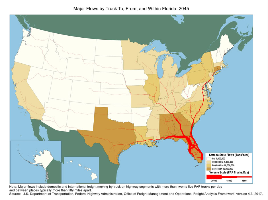 U.S. map showing tons moving by truck and the number of trucks carrying that tonnage within Florida and between Florida and other states in 2045. The color of the state indicates tons, and the widths of lines for major highways indicate number of trucks. Florida, Georgia, Alabama, Texas, and Connecticut have the biggest tonnage.  Highways within Florida as well as highways connecting Miami and Tampa to Northeast states, to Nashville via Atlanta, and to Mobile have the largest truck volumes.