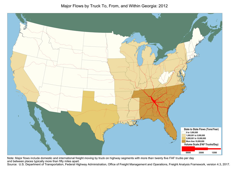 U.S. map showing tons moving by truck and the number of trucks carrying that tonnage within Georgia and between Georgia and other states in 2012. The color of the state indicates tons, and the widths of lines for major highways indicate number of trucks. Georgia and its adjacent states, including Alabama, Tennessee, North Carolina, South Carolina, and Florida, have the biggest tonnage.  Highways within Georgia and those connecting Atlanta to Birmingham, Nashville, Knoxville, Charlotte, and Florida have the largest truck volumes.