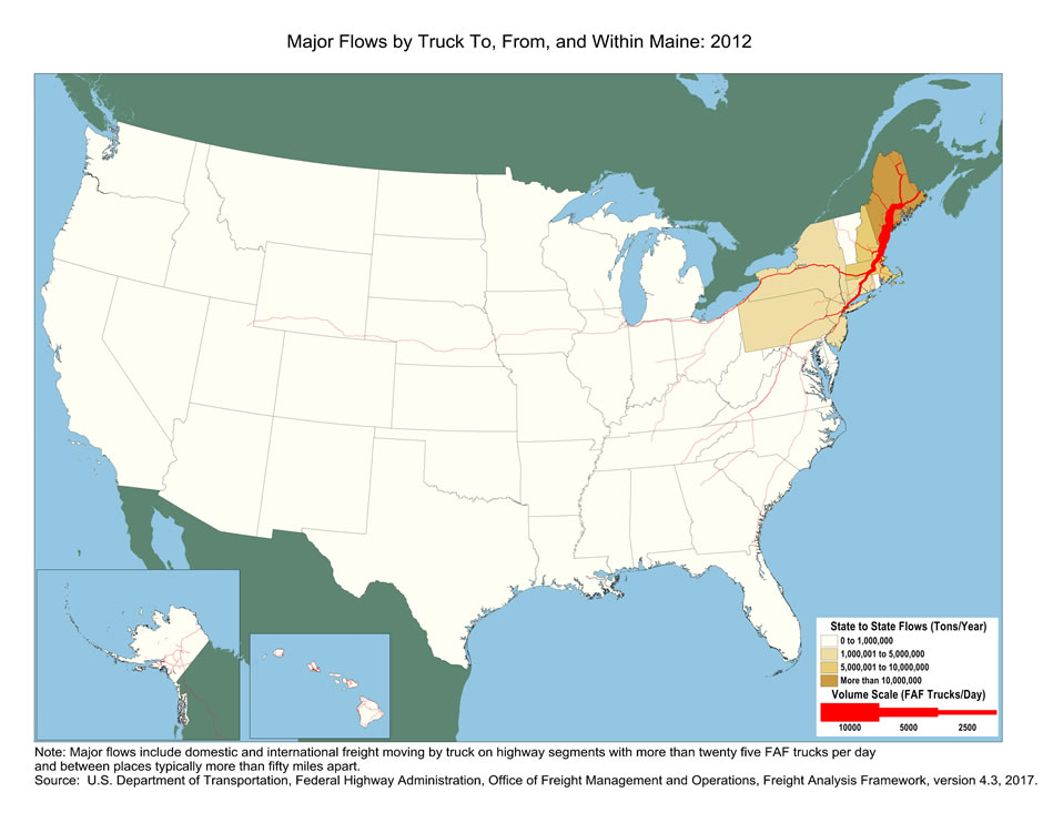 U.S. map showing tons moving by truck and the number of trucks carrying that tonnage within Maine and between Maine and other states in 2012. The color of the state indicates tons, and the widths of lines for major highways indicate number of trucks. Maine has the biggest tonnage.  Highways within Maine and those connecting Canada to New England and New York Metro area ports have the largest truck volumes.