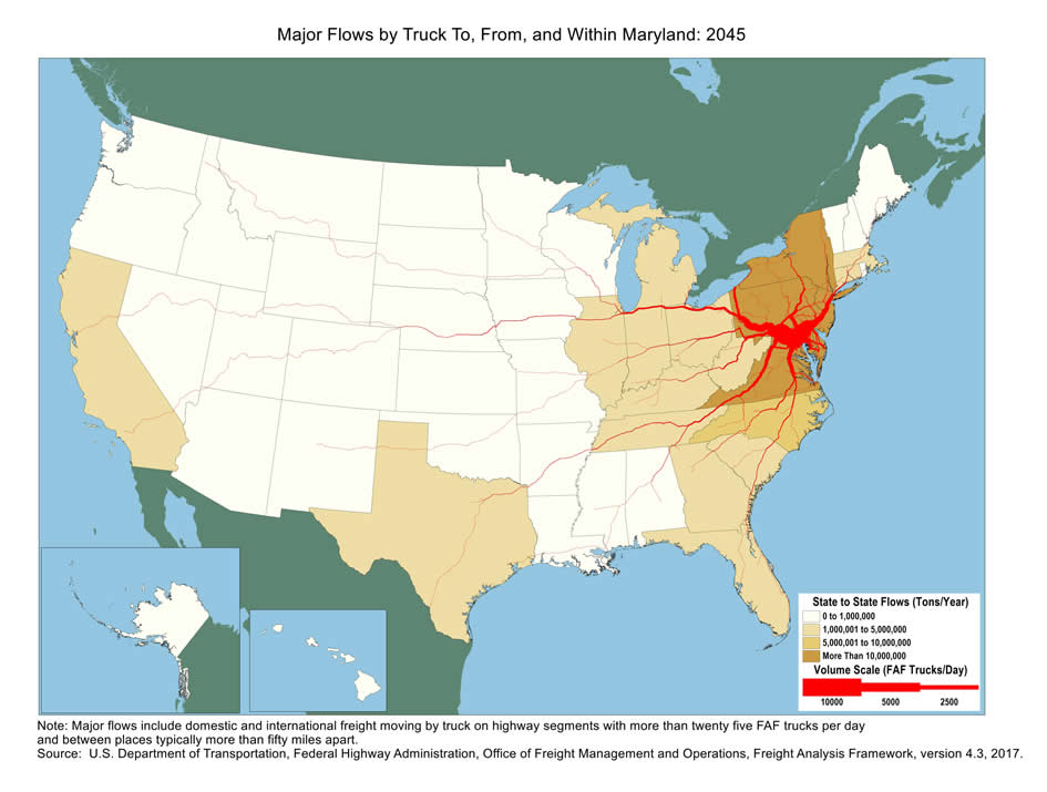 U.S. map showing tons moving by truck and the number of trucks carrying that tonnage within Maryland and between Maryland and other states in 2045. The color of the state indicates tons, and the widths of lines for major highways indicate number of trucks. Maryland, Virginia, Pennsylvania, and New York have the biggest tonnage.  Highways within Maryland and highways connecting to Richmond, Knoxville, New York Metro area, Philadelphia, and Pittsburgh have the largest truck volumes.