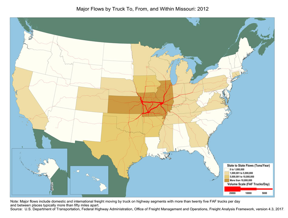 U.S. map showing tons moving by truck and the number of trucks carrying that tonnage within Missouri and between Missouri and other states in 2012. The color of the state indicates tons, and the widths of lines for major highways indicate number of trucks. Missouri, Illinois, and Kansas have the biggest tonnage. Highways within Missouri and those connecting to Chicago, Memphis, and Oklahoma City have the largest truck volumes.