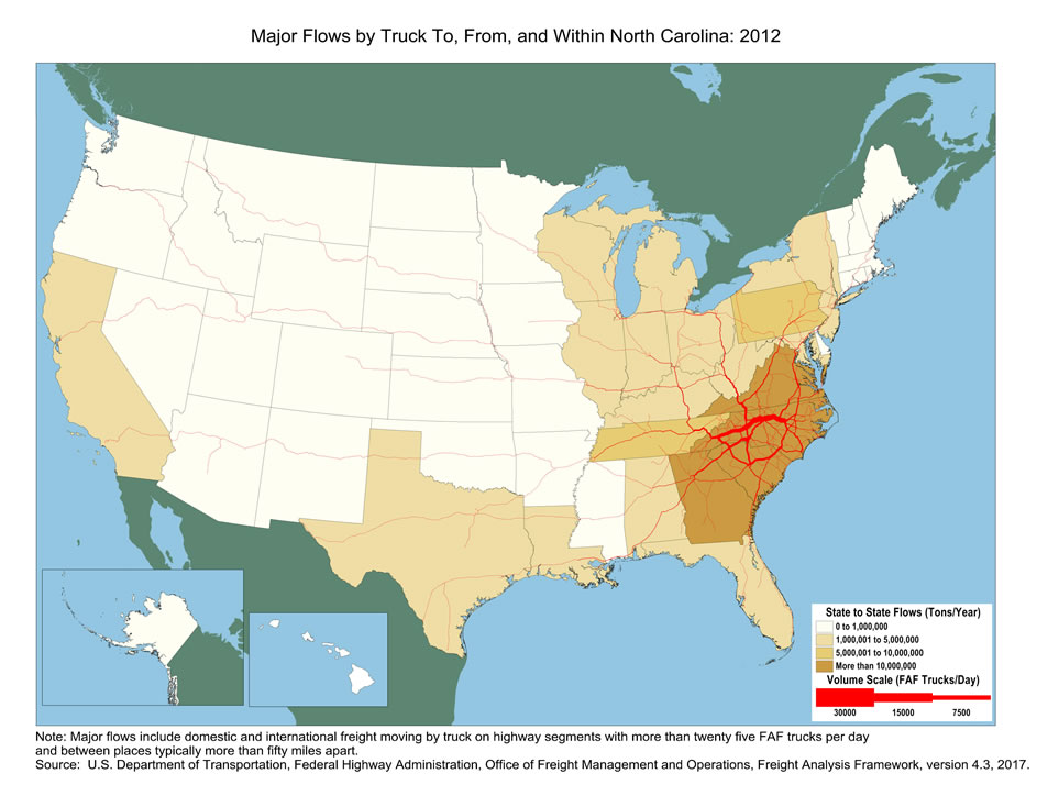 U.S. map showing tons moving by truck and the number of trucks carrying that tonnage within North Carolina and between North Carolina and other states in 2012. The color of the state indicates tons, and the widths of lines for major highways indicate number of trucks. North Carolina, Virginia, South Carolina, and Georgia have the biggest tonnage.  Highways within North Carolina and highways linking to Atlanta, Columbia, Knoxville, Baltimore, as well as highways through West Virginia into Ohio, have the largest truck volumes.