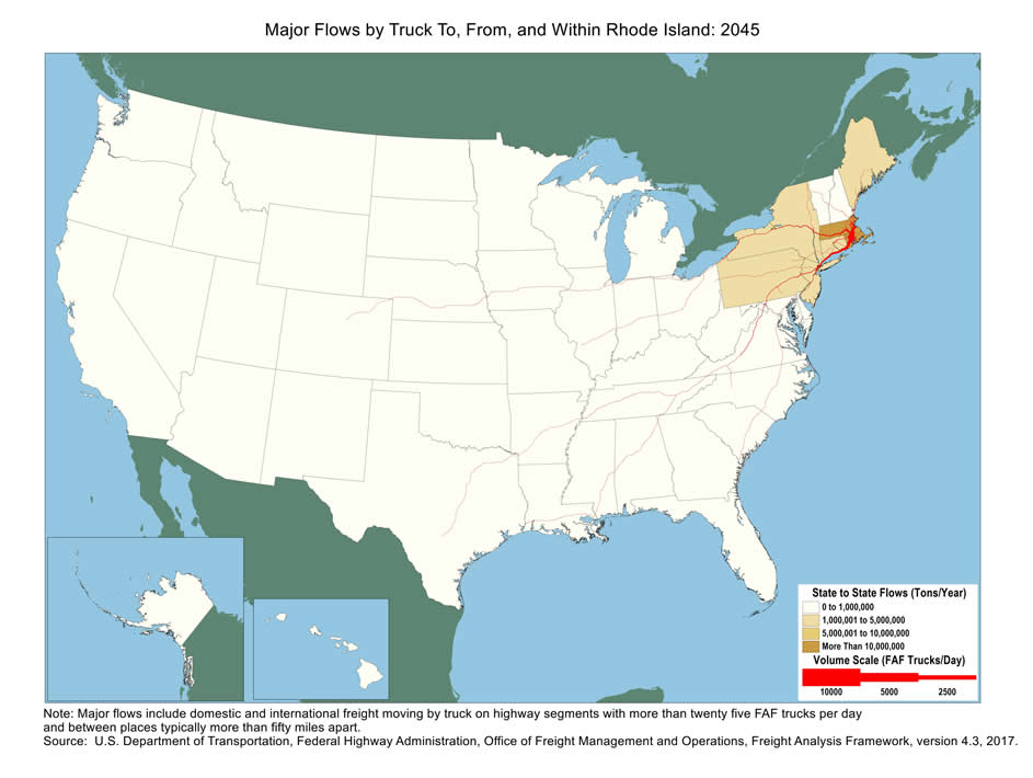 U.S. map showing tons moving by truck and the number of trucks carrying that tonnage within Rhode Island and between Rhode Island and other states in 2045. The color of the state indicates tons, and the widths of lines for major highways indicate number of trucks. Rhode Island and Massachusetts have the biggest tonnage.  Highways within Rhode Island and highways between Boston and New York Metro area have the largest truck volumes.