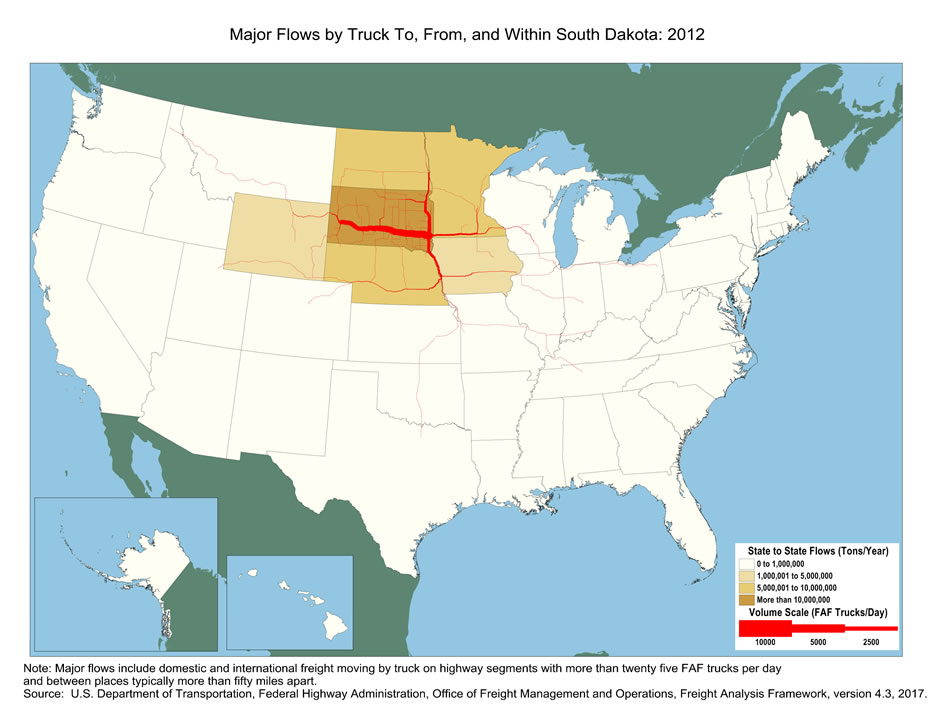 U.S. map showing tons moving by truck and the number of trucks carrying that tonnage within South Dakota and between South Dakota and other states in 2012. The color of the state indicates tons, and the widths of lines for major highways indicate number of trucks. South Dakota has the biggest tonnage.  Highways within South Dakota and highways from Fargo to Omaha have the largest truck volumes.