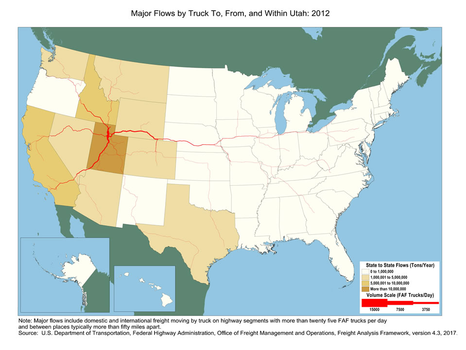U.S. map showing tons moving by truck and the number of trucks carrying that tonnage within Utah and between Utah and other states in 2012. The color of the state indicates tons, and the widths of lines for major highways indicate number of trucks. Utah has the biggest tonnage.  Highways within Utah and the highway from Cheyenne to Salt Lake City have the largest truck volumes.