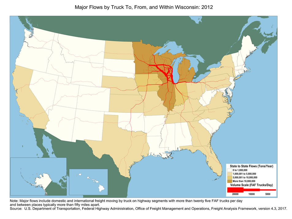 U.S. map showing tons moving by truck and the number of trucks carrying that tonnage within Wisconsin and between Wisconsin and other states in 2012. The color of the state indicates tons, and the widths of lines for major highways indicate number of trucks. Wisconsin, Minnesota, Michigan, and Illinois have the biggest tonnage.  Highways within Wisconsin as well as highways connecting to Chicago and Minneapolis have the largest truck volumes.