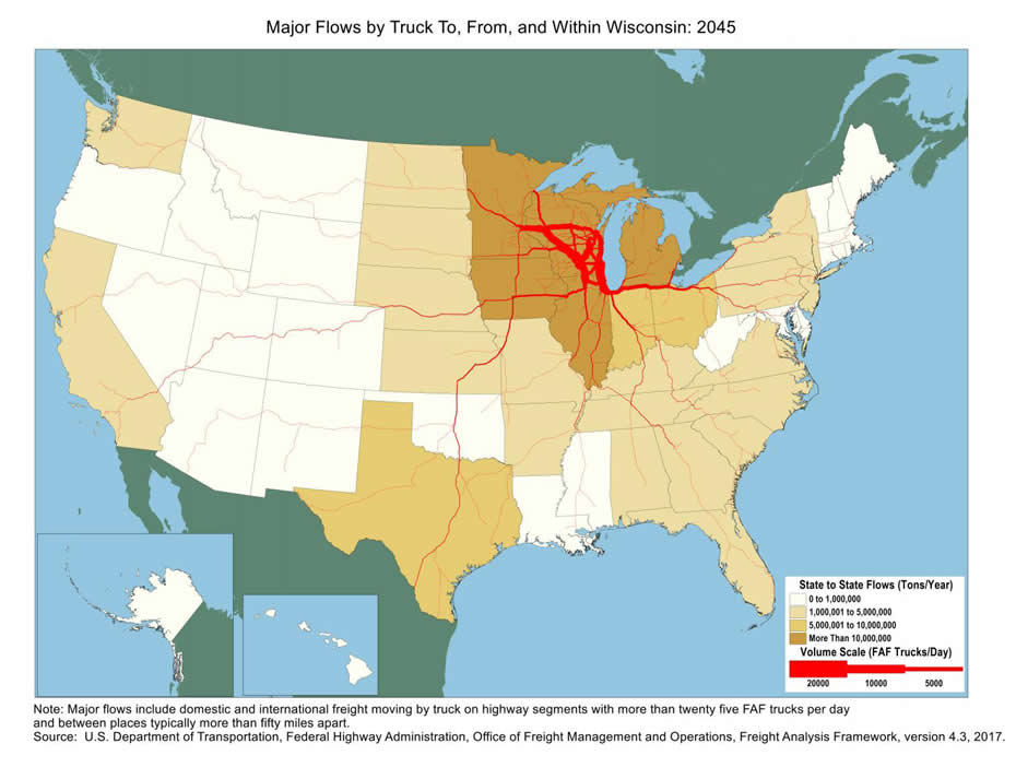 U.S. map showing tons moving by truck and the number of trucks carrying that tonnage within Wisconsin and between Wisconsin and other states in 2045. The color of the state indicates tons, and the widths of lines for major highways indicate number of trucks. Wisconsin, Minnesota, Michigan, Illinois, and Iowa have the biggest tonnage.  Highways within Wisconsin as well as highways connecting to Chicago, Cleveland, St. Louis, and Minneapolis have the largest truck volumes.