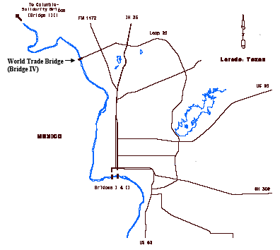This map illustrates where the World Trade Bridge lies in comparison with the city limits of Laredo.