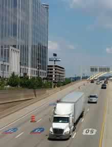 Photo of a semi-truck on Interstate 75 in Cincinnati, Ohio.
