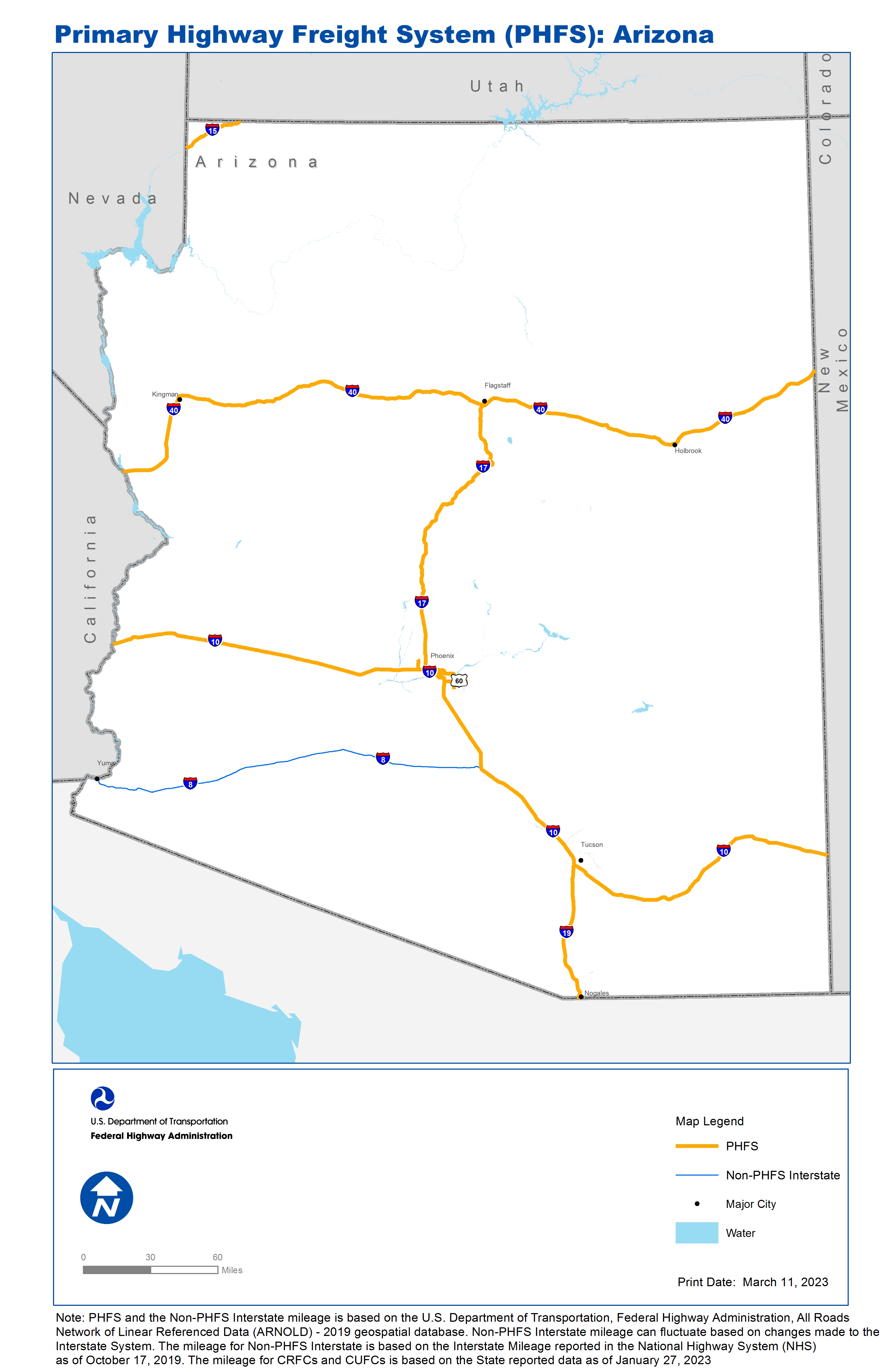 This map shows the Primary Highway Freight System (PHFS) routes as well as all the Interstate Highways within the state that are not part of the PHFS.
